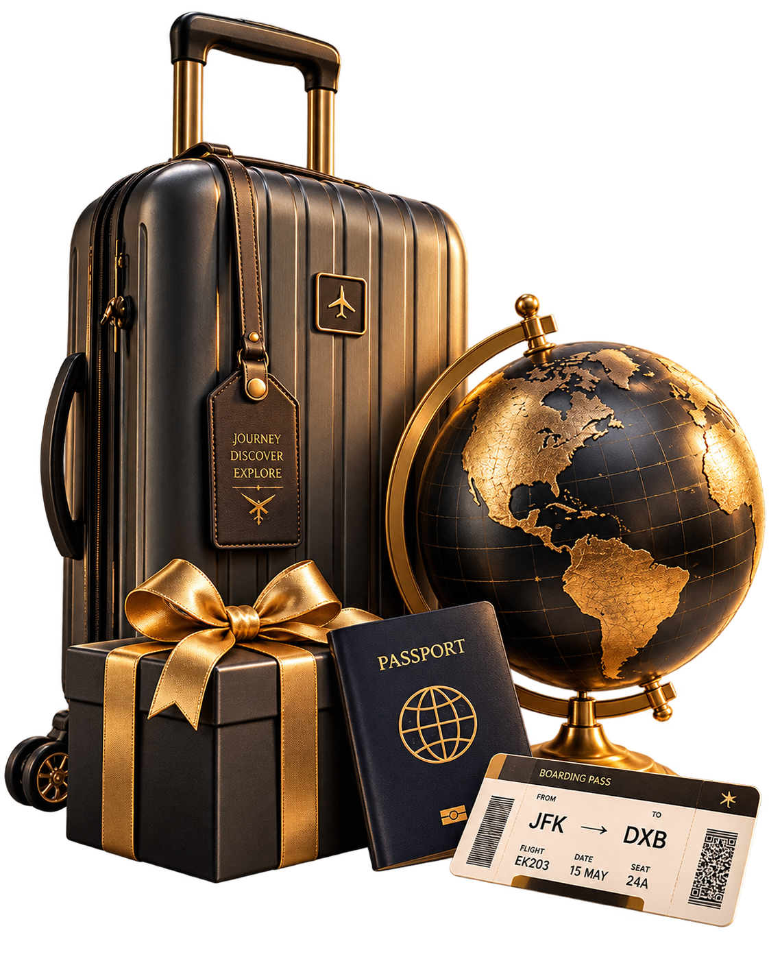 Mala elegante com globo, presente, passaporte e cartão de embarque representando a área de presentes do convite.